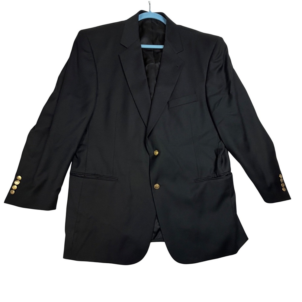 Jos A Bank Mens Black Two Button Blazer Gold Crest Buttons Wool 44R